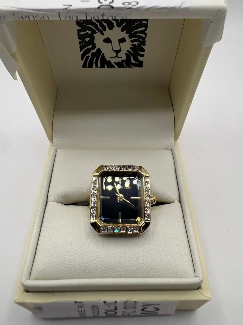 Anne Klein Women Watch Ring Gold-Tone Black Dial Square Crystal Bezel Box Gold